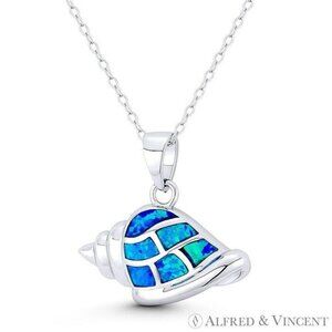 Conch Seashell Horn Shell Trumpet Lab-Created Opal .925 Sterling Silver Pendant